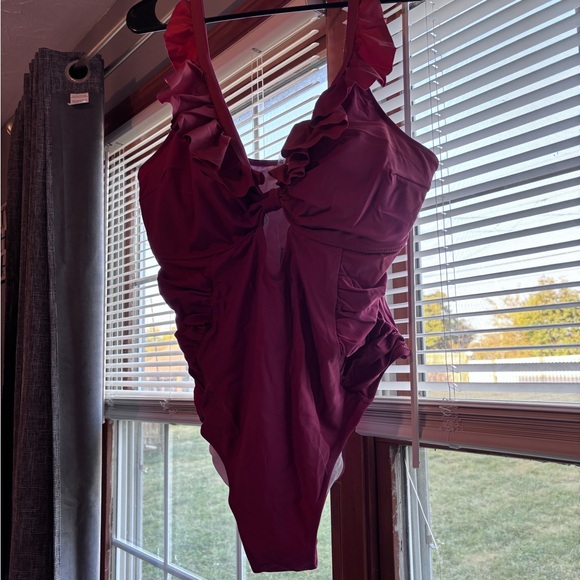 Elegant Ruffled Burgundy One-Piece Swimsuit - Picture 1 of 3